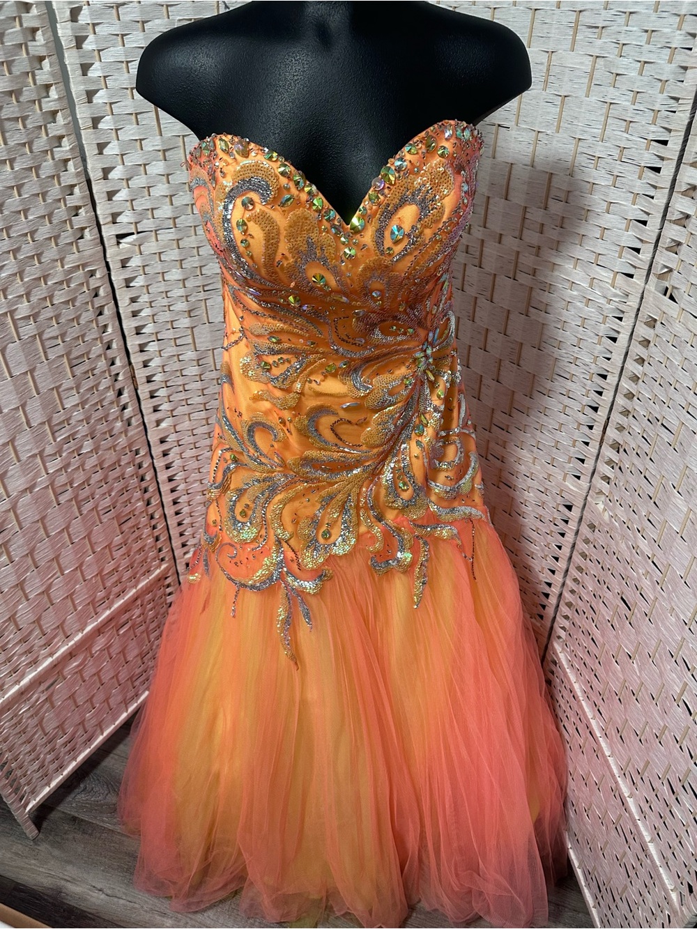Strapless Orange-Pink Embellished Prom Gown